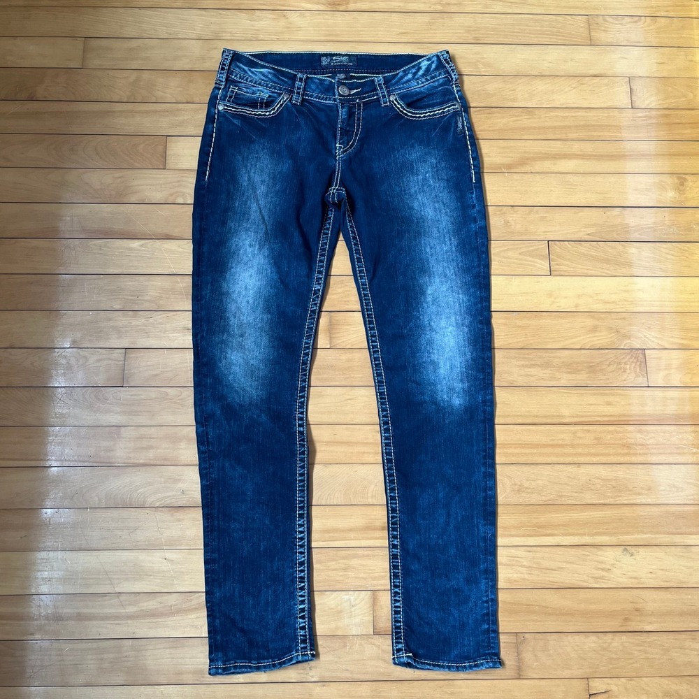 Silver Jeans Co Suki Skinny Dark Wash Contrast Stitch Jeans W30 L31 Mid Rise